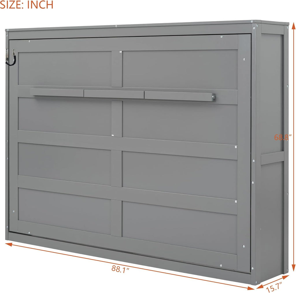 Merax Modern Farmhouse Solid Wood Murphy Cabinet Bed, Queen Foldable Wall Bed Frame, No Box Spring Needed/Space Saving, Gray