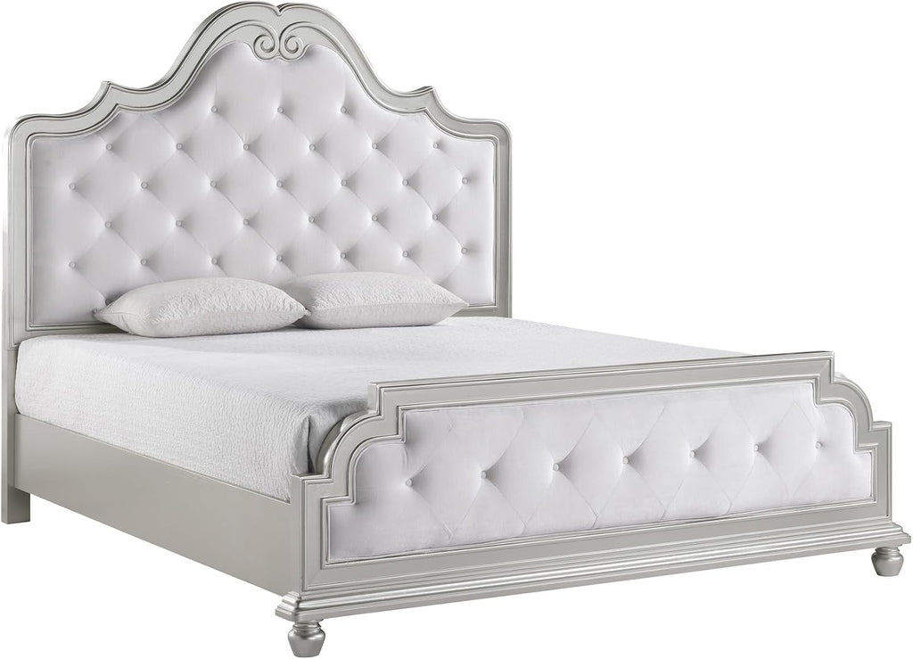 First of a Kind Roma Silver Finish Traditional 5 Piece Queen Bedroom Set with Upholstered Tufted Headboard Classic European Style Coordinated Furniture Collection