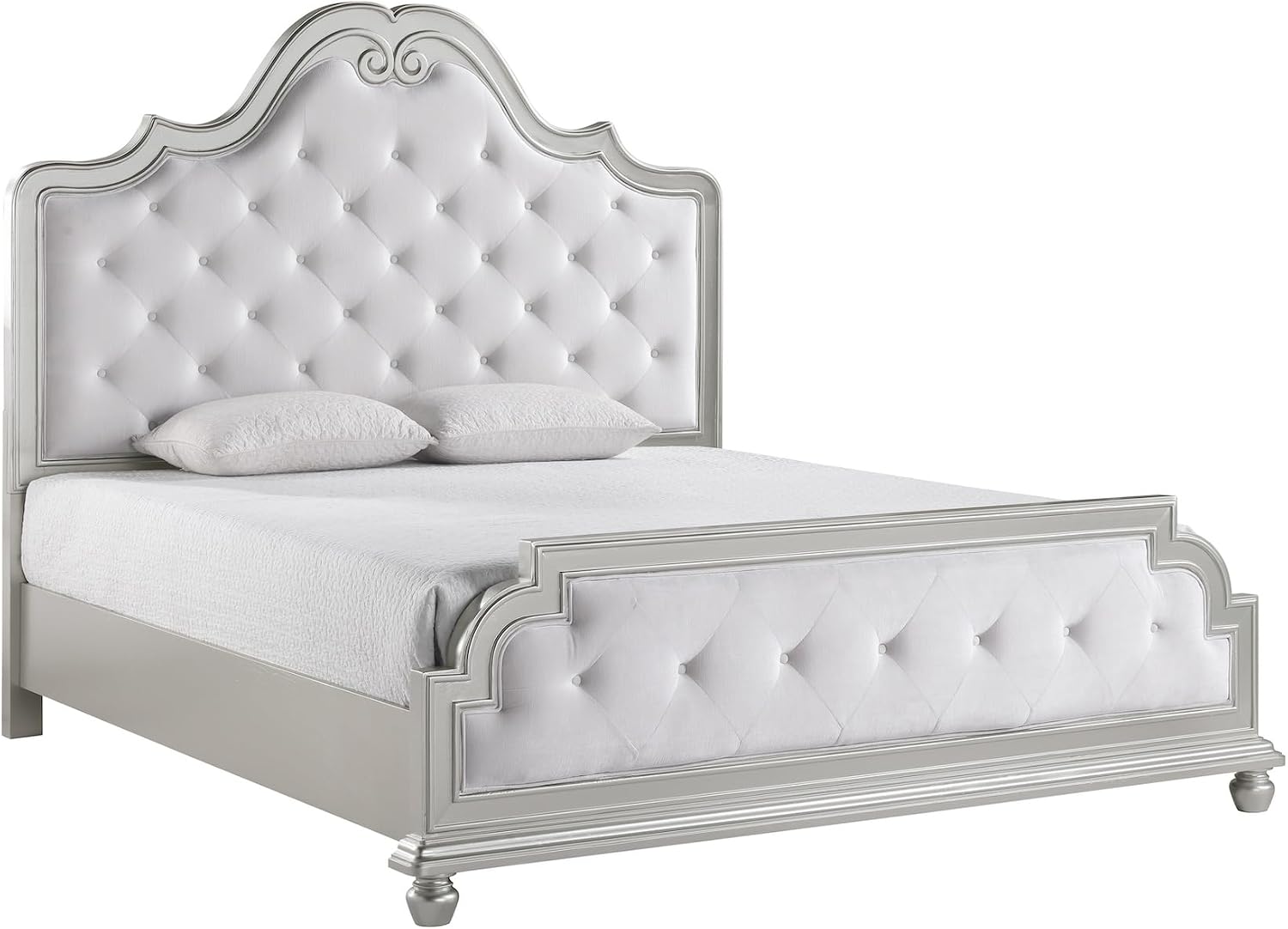 First of a Kind Roma Silver Finish Traditional 5 Piece Queen Bedroom Set with Upholstered Tufted Headboard Classic European Style Coordinated Furniture Collection