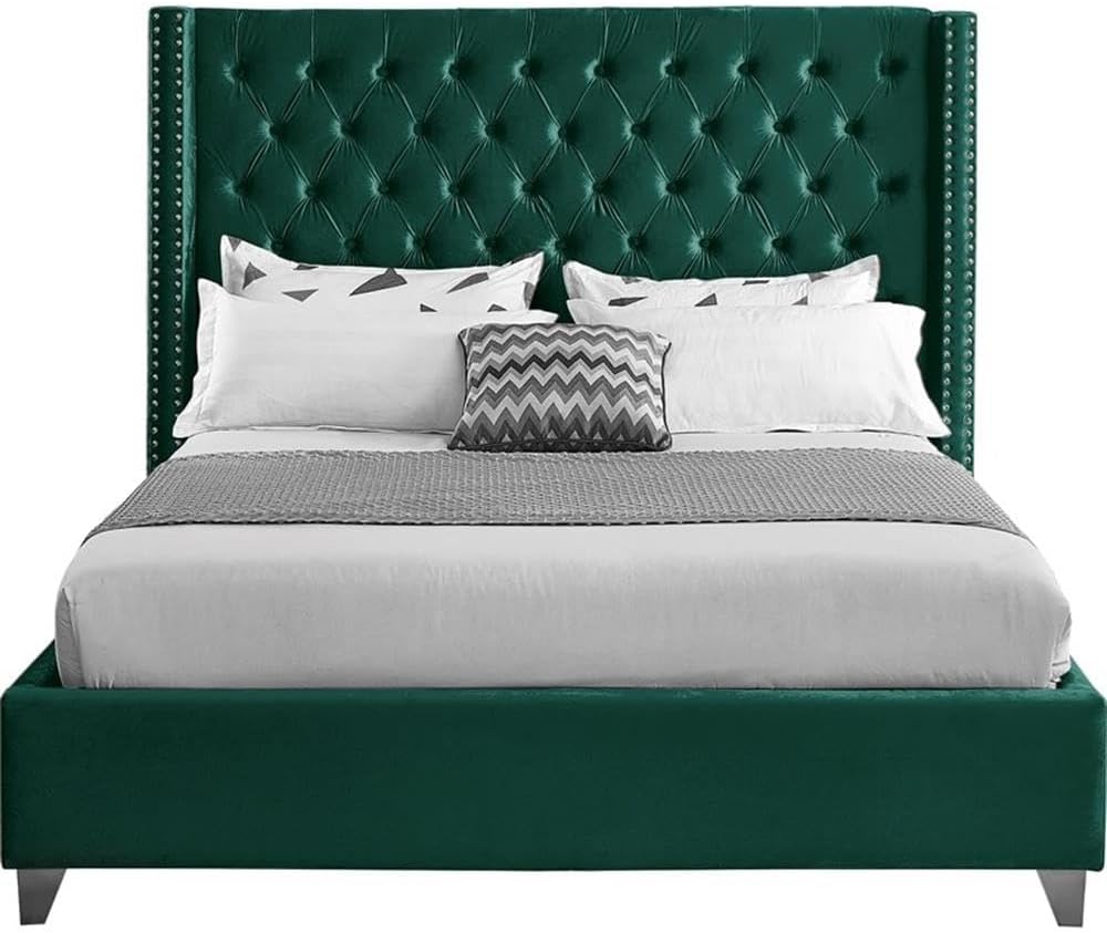 Meridian Furniture Aiden Collection Modern | Contemporary Velvet Upholstered Bed with Deep Button Tufting, Solid Wood Frame, and Custom Chrome Legs, King, Green