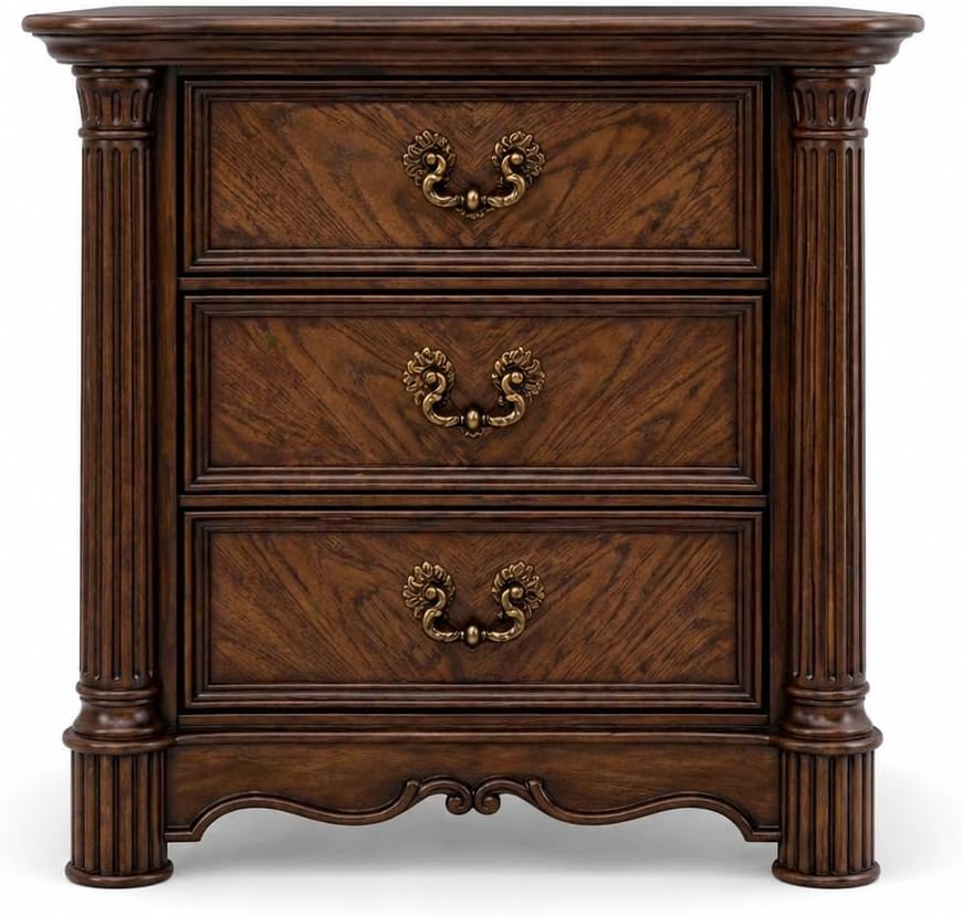 First of a Kind Traditional Wood Bedside Table Nicole Collection Rich Walnut Finish Classic European Design Bedside Table Carved Detailing Elegant Coordinated Furniture Piece