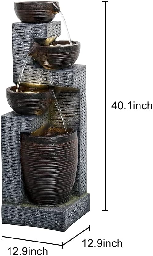 SunJet Indoor/Outdoor Cascading Water Fountain - 40.1inches Garden Fountains with Warm Lights, 4 Bowls Waterfall Feature for Home Deck, Patio, Porch, Yard Decor