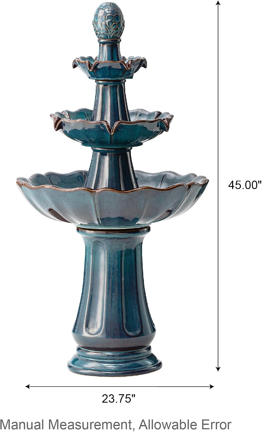 Glitzhome Outdoor 3 Tier Pedestal Fountain with LED Light & Pump - 45.25' H, Ceramic Turquoise Water Fountains Waterfall Large Floor-Standing Garden Fountain for Patio, Lawn, Backyard