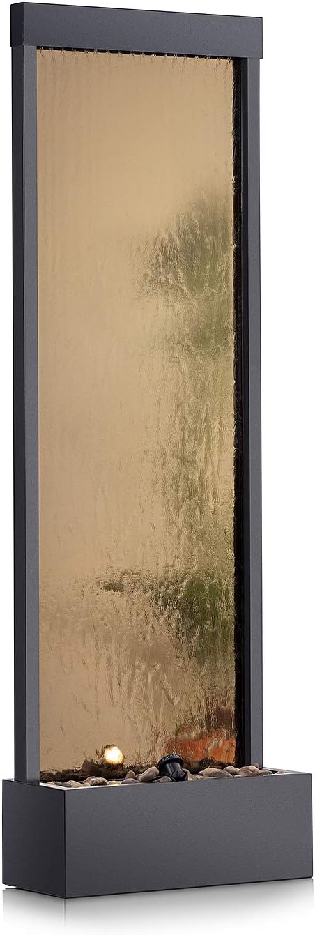 Alpine Corporation 72' Tall Indoor/Outdoor Mirror Waterfall Floor Fountain, LED Lights & River Stones, Elegant Bronze Finish for Home, Office, Patio & Entryway Decor
