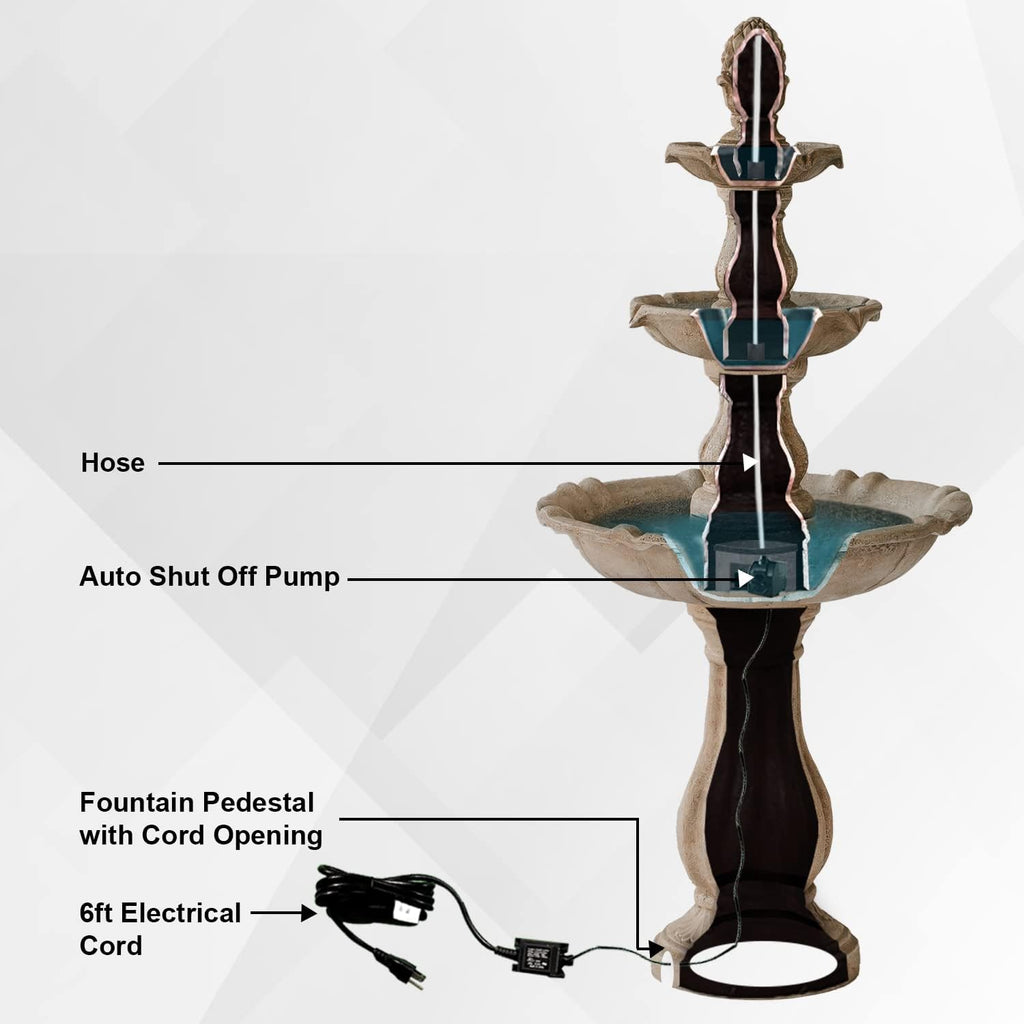 XBrand 51' 3-Tier Outdoor Freestanding Waterfall Fountain with Pump and Pineapple Finial, Beige