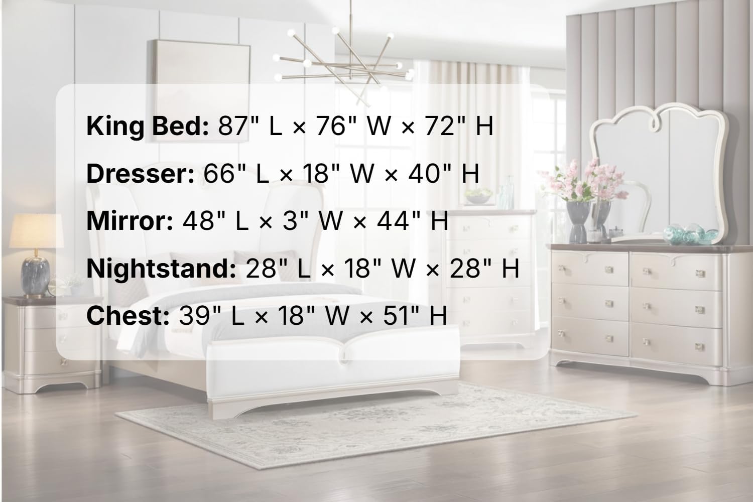 First of a Kind Rose Soft Champagne Finish Traditional 5 Piece King Bedroom Set with Upholstered Tufted Headboard Ornate European Style Coordinated Furniture Collection