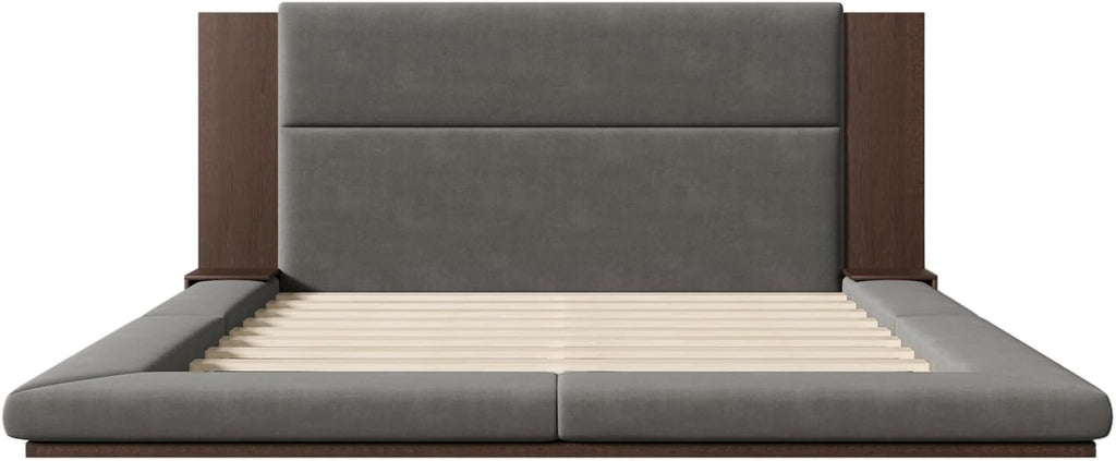 King Size Floor Upholstered Platform Bed with Extended Wood Headboard and Side Storage Shelves, Modern Velvet Platform Bed Frame with Slats Support, No Box Spring Required, Noise-Free
