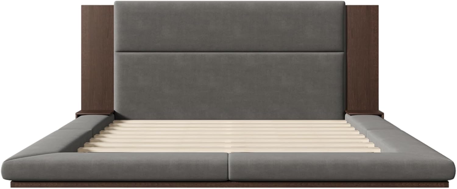 King Size Floor Upholstered Platform Bed with Extended Wood Headboard and Side Storage Shelves, Modern Velvet Platform Bed Frame with Slats Support, No Box Spring Required, Noise-Free