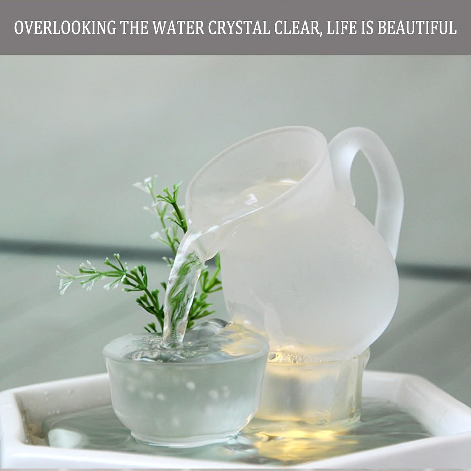 Creative Waterfall Fountain Indoor Office Tabletop Fountain Decor, Indoor Water Fountains White Ceramic Circulating Water Indoor waterfall with Warm White LED Light for Home Office Bedroom Relaxation.