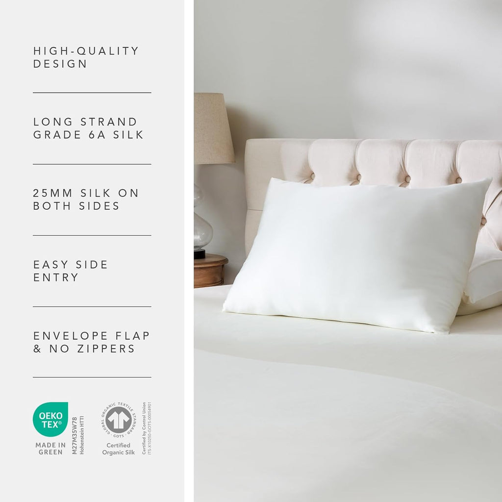 Fishers Finery 25mm 100% Certified Organic Mulberry Silk Pillowcase (Natural Undyed White, S, 2PK)