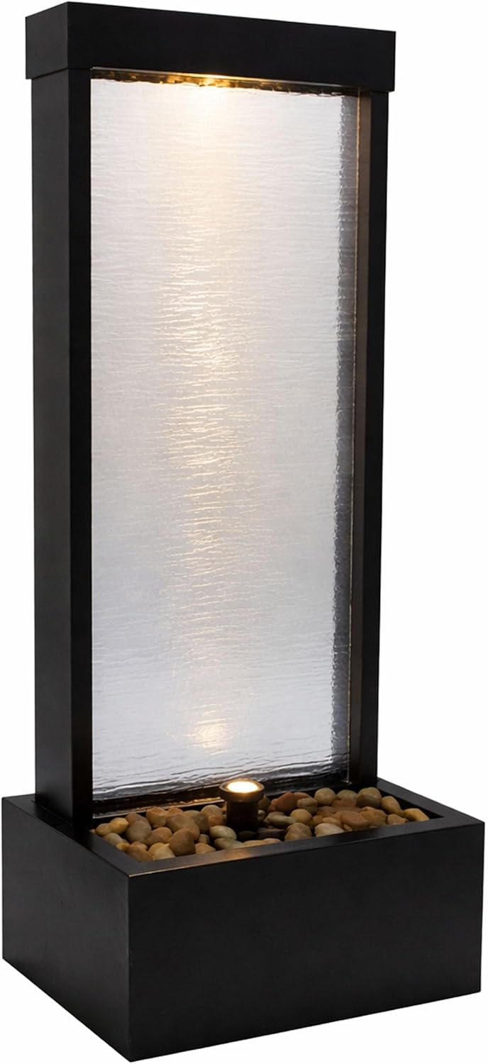 Alpine Corporation MLT170S 48' Indoor Outdoor Waterfall Fountain with LED Light Modern Glass & Aluminum Black Wall Water Feature for Home, Patio, Garden Décor Soothing Cascading Indoor Water Fountain