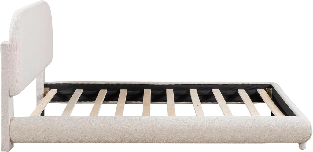 KLMM Teddy Fleece Full Size Upholstered Platform Bed with Thick Fabric, Solid Frame and Stylish Curve-Shaped Design,for Kids Teens Adults Bedroom (Beige@Teddy Fleece/, Full)