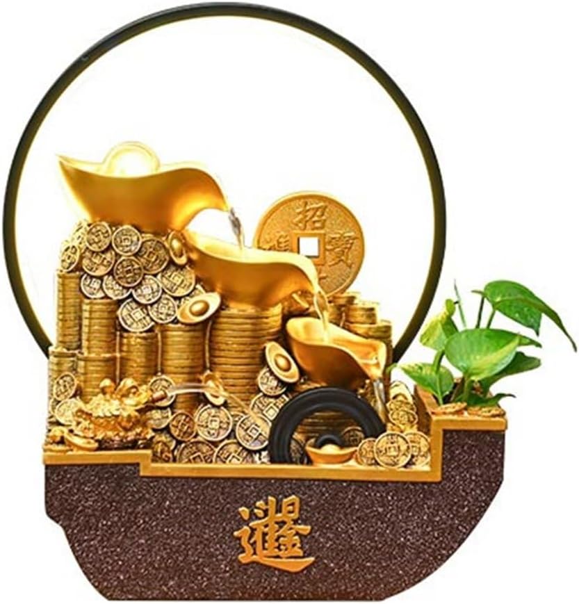 Tabletop Fountain Waterfall Indoor Tabletop Water Fountain, Chinese Style Flowing Ornaments with Feng Shui Wheel
