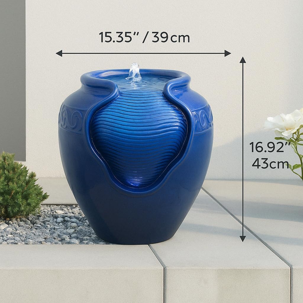 Teamson Home Outdoor Water Fountain, Glazed Pot Ceramic Look with LED Lights & Pump, Royal Blue, 16.93' Patio Garden Water Feature, Cascading Zen Fountain for Backyard, Porch, Deck, Home Decor