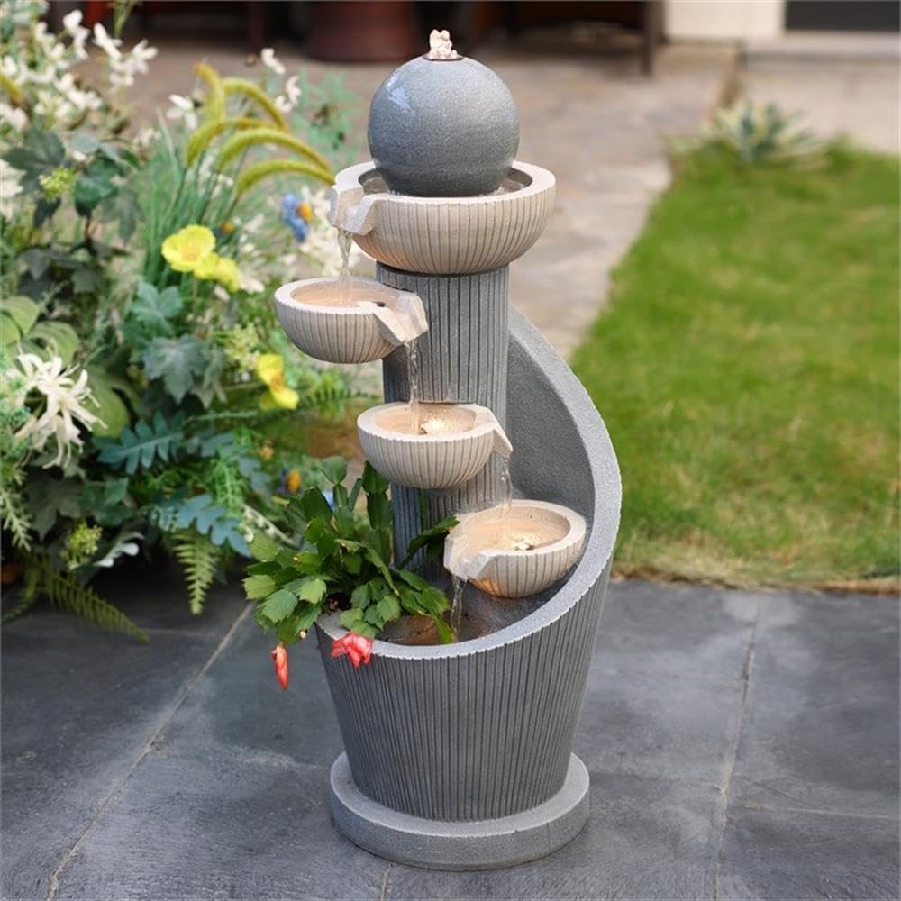 LuxenHome Outdoor Water Fountain, 29 Inch Resin Cascading Water Fountains Indoor with LED Lights, Modern Garden Decor, Small Waterfall Fountain, Outdoor Fountains and Waterfalls