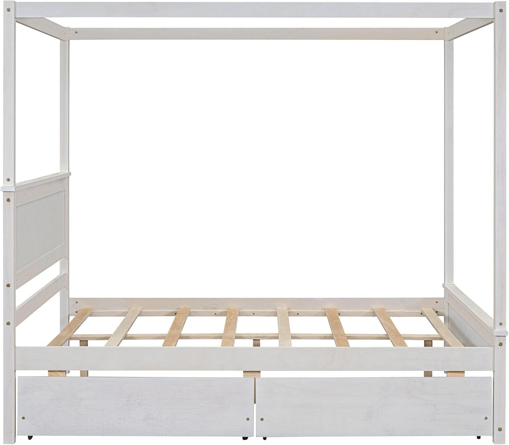 Harper & Bright Designs Wood Canopy Bed with Two Drawers, Full Size Canopy Platform Bed with Support Slats .No Box Spring Needed, Brushed White
