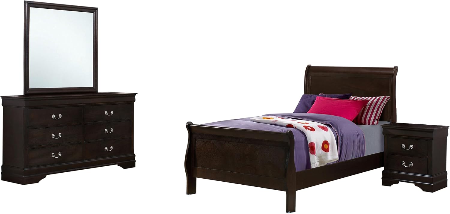 Coaster Home Furnishings Louis Philippe 4-piece Bedroom Set Twin Size Traditional Wooden Sleigh Bed Frame 47-Inch Panel Headboard Nightstand Dresser and Mirror Cappuccino Brown 202411T-S4