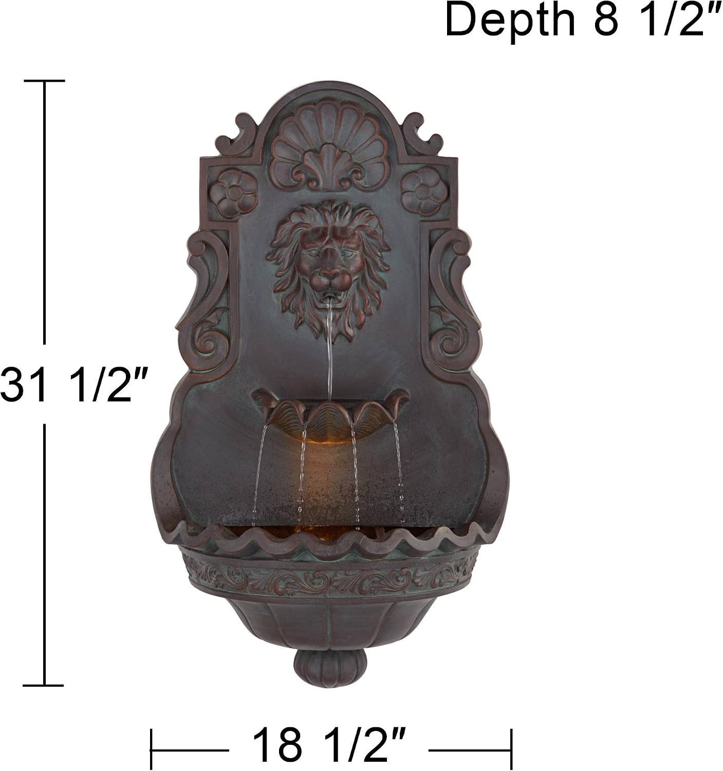 Royal Lion Head 31 1/2' High Large Rustic Indoor Outdoor Decor Bronze Wall Fountain with Light LED Statue Waterfall Tiered Basin Water Feature for Outside Garden Patio Yard Backyard - John Timberland