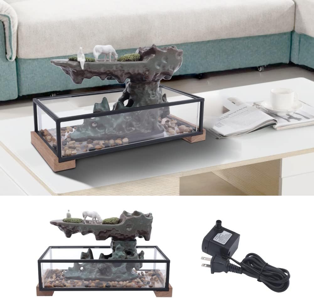 Desktop Rockery Waterfall Fountain with Rockery, Aquariums and Stones for Living Room Office Decorate, Ceramic (Tank Size: 16L x 8W x 4H Inch)