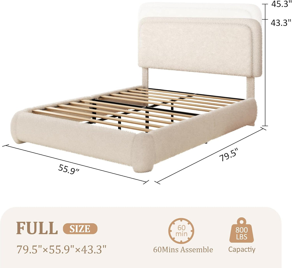 Full Size Boucle Bed Frame with Adjustable Headboard, Upholstered Cloud Platform Bed, Anti-Collision Soft Rounded Corners, No Box Spring Needed, Easy Assembly, Noise Free, Beige