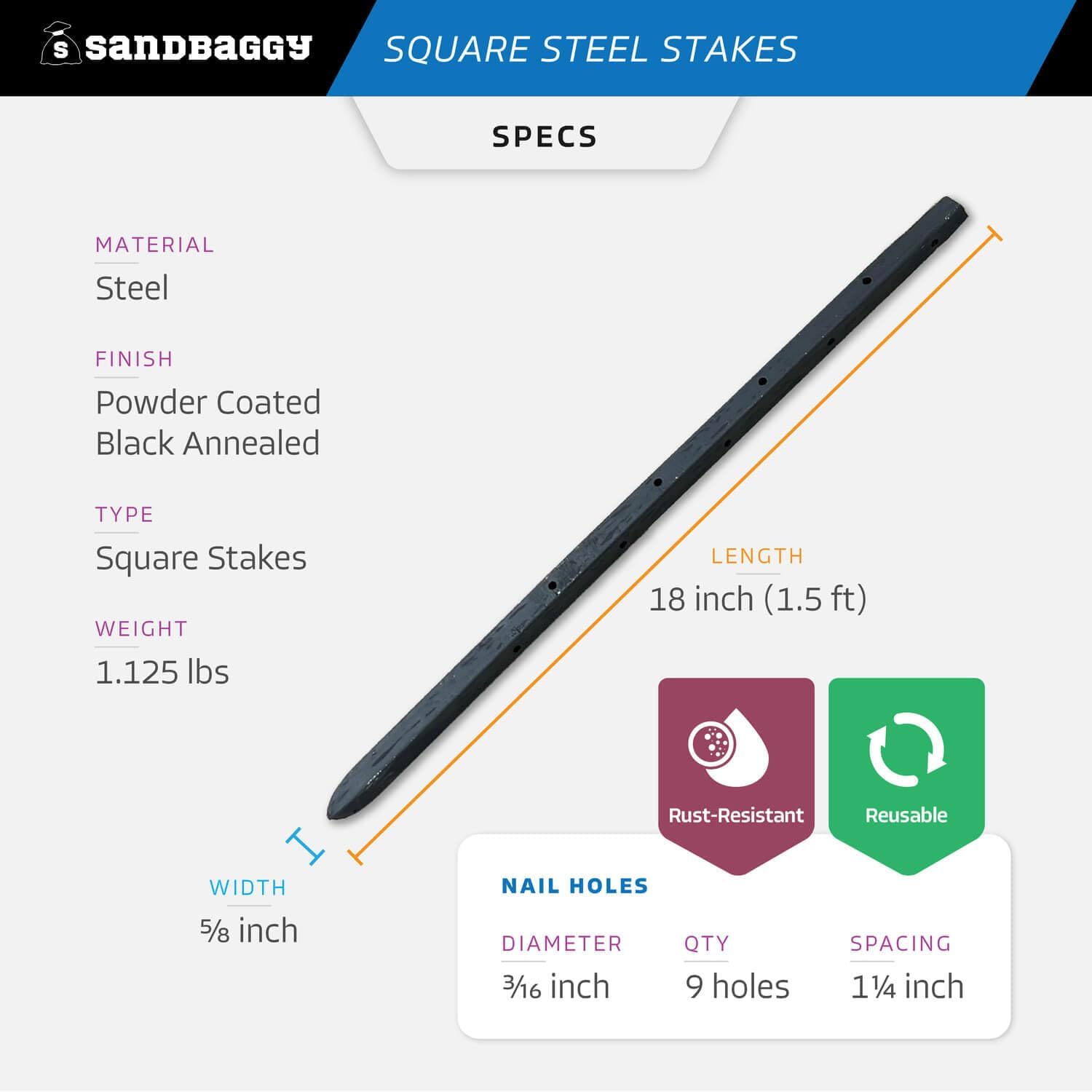 Sandbaggy 18' Square Steel Concrete Form Stakes with Nail Holes - 5/8' Wide - Rust Resistant - Removable/Reusable - Construction Grade Rebar Pins (Square Nail Stakes, 50, Count)