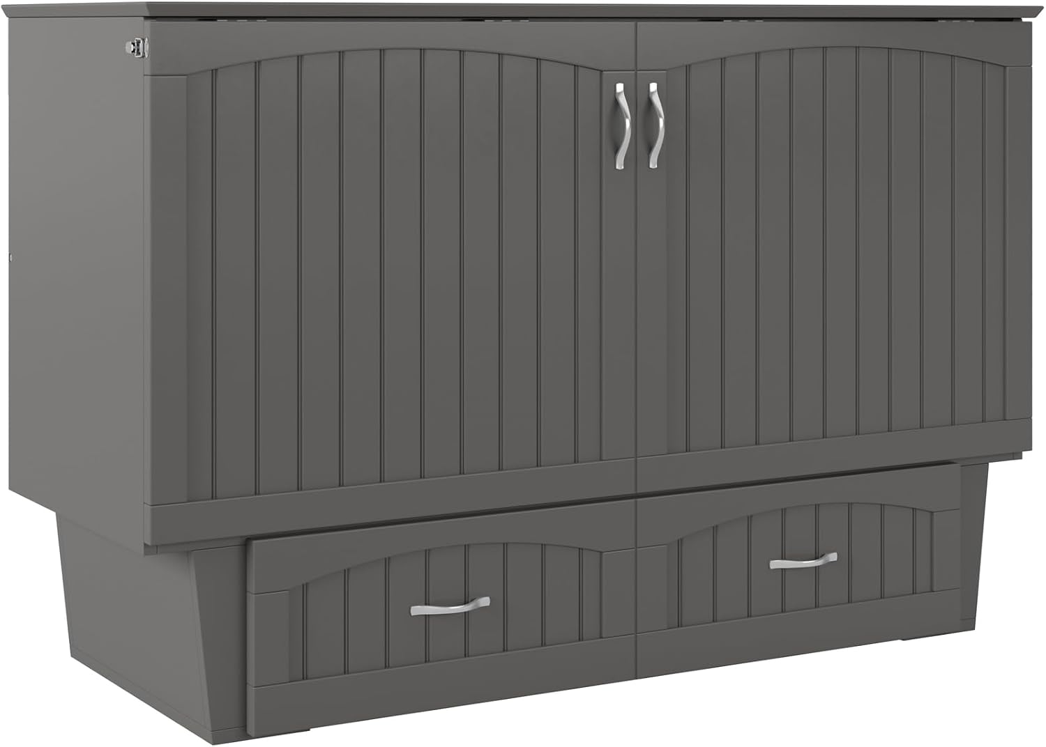 AFI, Nantucket Queen Murphy Bed Chest with Mattress, Storage Drawer and Built-In USB Charger, Grey