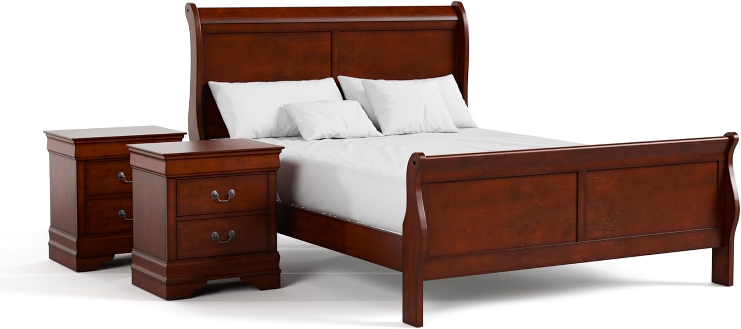 Furniture of America Arabella Traditional Solid Wood 3 Piece Bedroom Set, Queen Bed Frame and Nightstands Set of 2, Chic Sleigh Design Bedframe with Headboard and Footboard, Box Spring Needed, Cherry