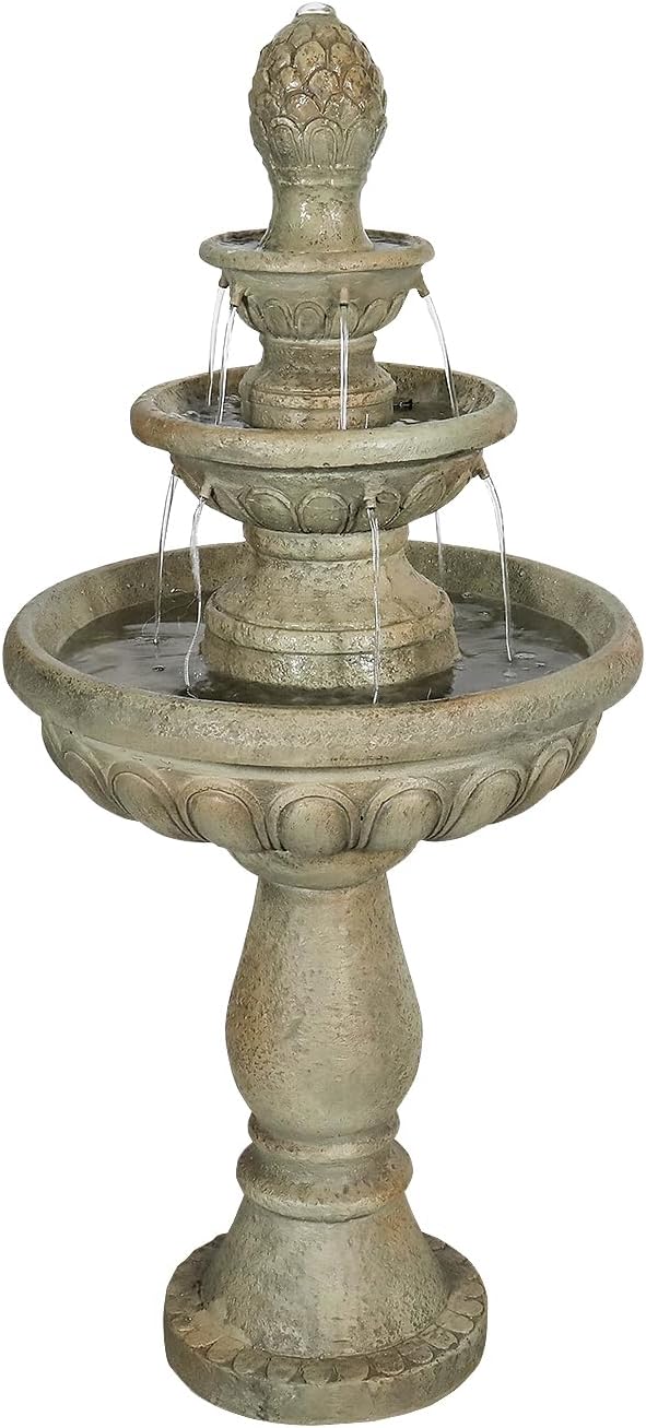SunJet 42.5' High 3-Tiers Modern Concrete Outdoor Water Fountain - Round Large Outdoor Fountains and Waterfalls for Garden, Patio, Yard, and Deck Decor, Featuring Natural Stone Look