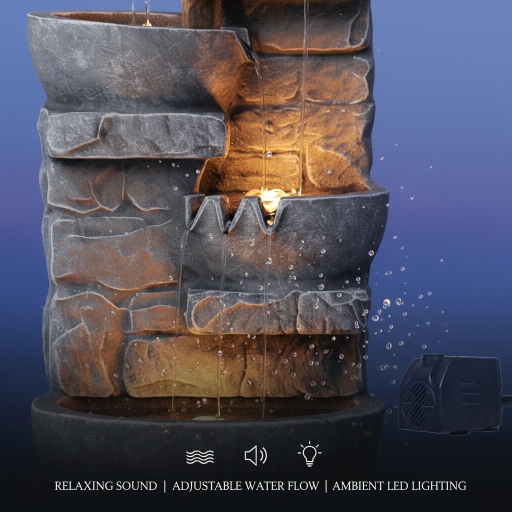 Teamson Home 33.25 in. Cascading Bowls and Stacked Stones LED Outdoor Water Fountain for Gardens, Landscaping, Patios, Balconies, and Lawns for a Calming Oasis in Outdoor Living Spaces, Stone Gray