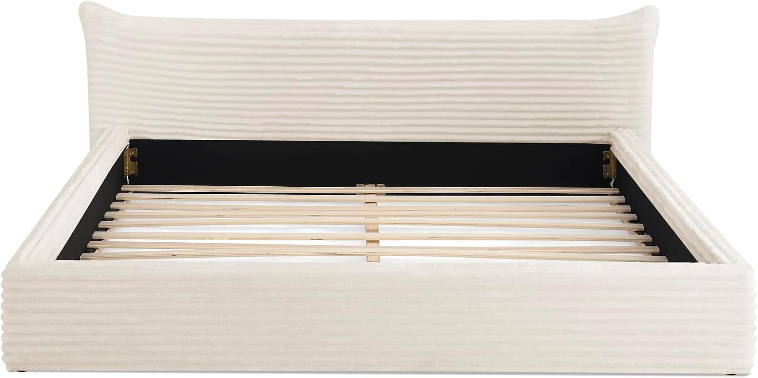 Queen Size Upholstered Bed with Decorative Curved Headboard, Solid Velvet Fabric Grounded Platform Bed Frame with Slats Support, No Box Spring Required (Beige-JU1)