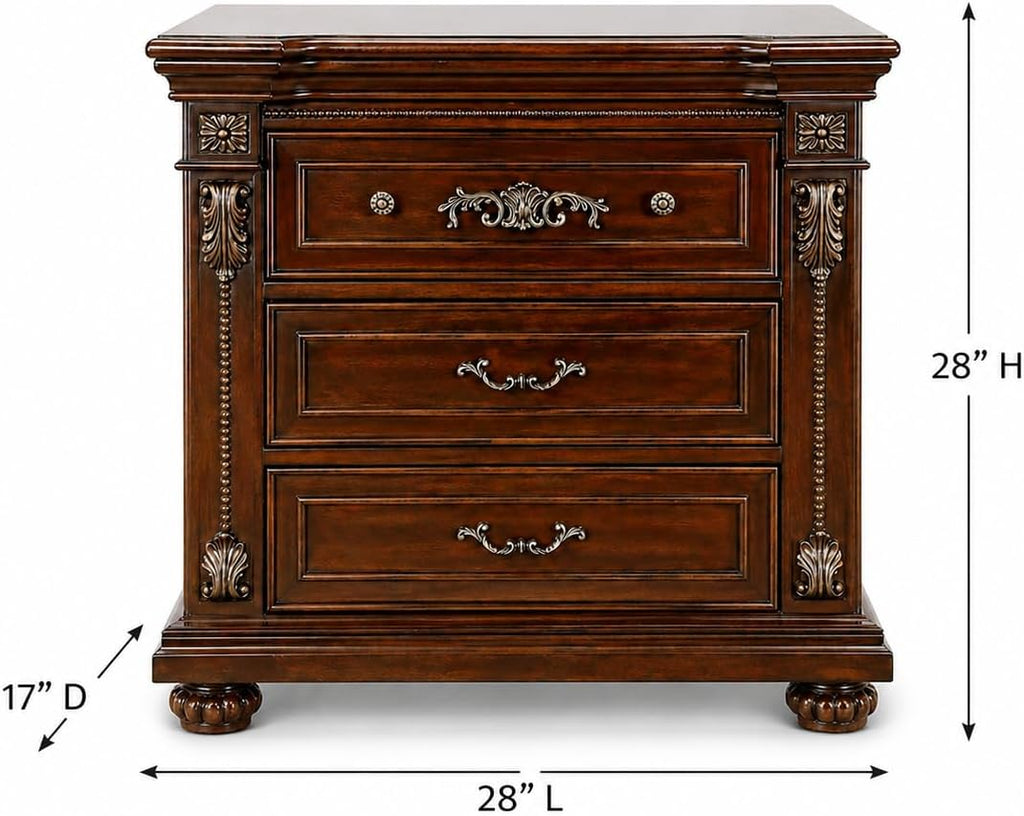 First of a Kind Nightstand Traditional Wood Bedside Table Cherry Oak Finish Classic European Design Bedroom Nightstand Elegant Coordinated Furniture Piece for Traditional Interiors