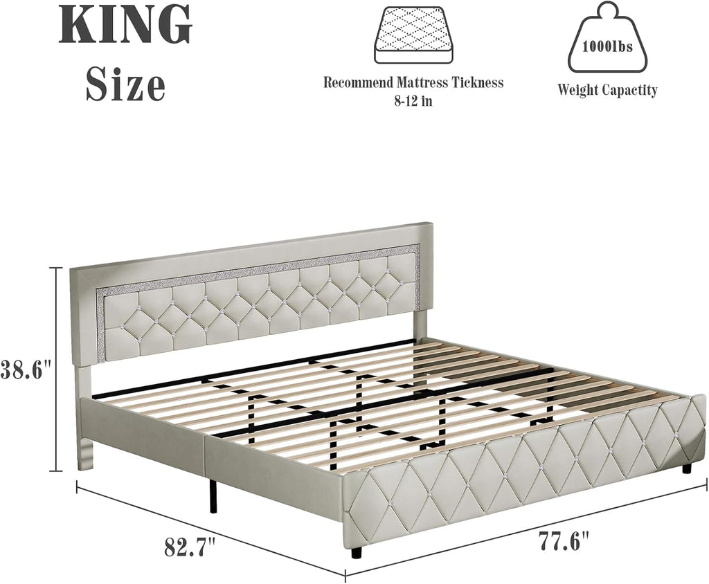 BarnFurin King Bed Frame with Diamond Tufted Headboard, Faux Leather Upholstered Bed with Wooden Slats Support, No Box Spring Needed, Mattress Foundation, Easy Assembly, Cream