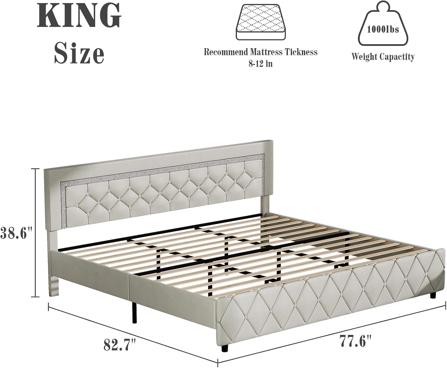 BarnFurin King Bed Frame with Diamond Tufted Headboard, Faux Leather Upholstered Bed with Wooden Slats Support, No Box Spring Needed, Mattress Foundation, Easy Assembly, Cream