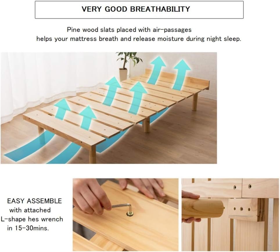 EMOOR Wood Slatted Floor Bed Frame OSMOS Twin for Japanese Futon Mattress Solid Pine (Earth-Natural), Height Adjustable (2/7/12in) Tatami Mat