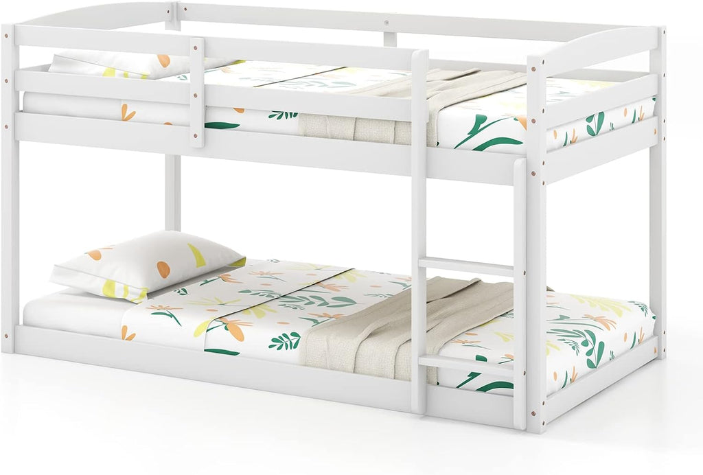 KOMFOTT Low Bunk Bed Twin Over Twin, Solid Wood Bunk Bed Frame with Built-in Ladder & Safety Guardrails, Space-Saving Low Bunk Bed for Kids, Teens, No Box Spring Needed