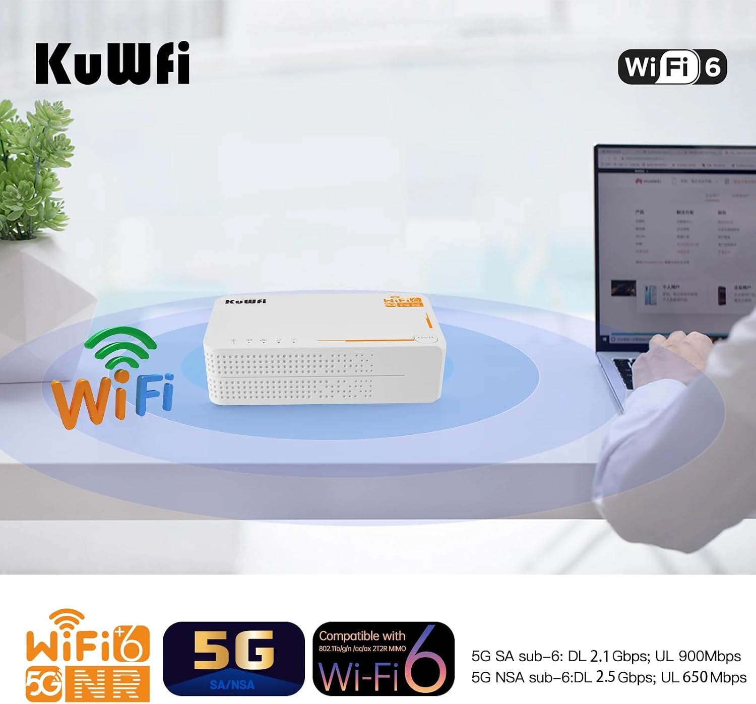 KuWFi 5g Router with sim Card Slot Unlocked,AX3600 WiFi-6 Modem with Sim Card Slot,NR NSA/SA 5G NR SA NSA AX3000 WiFi 6 CPE Router with Battery use for Outdoor and Indoor