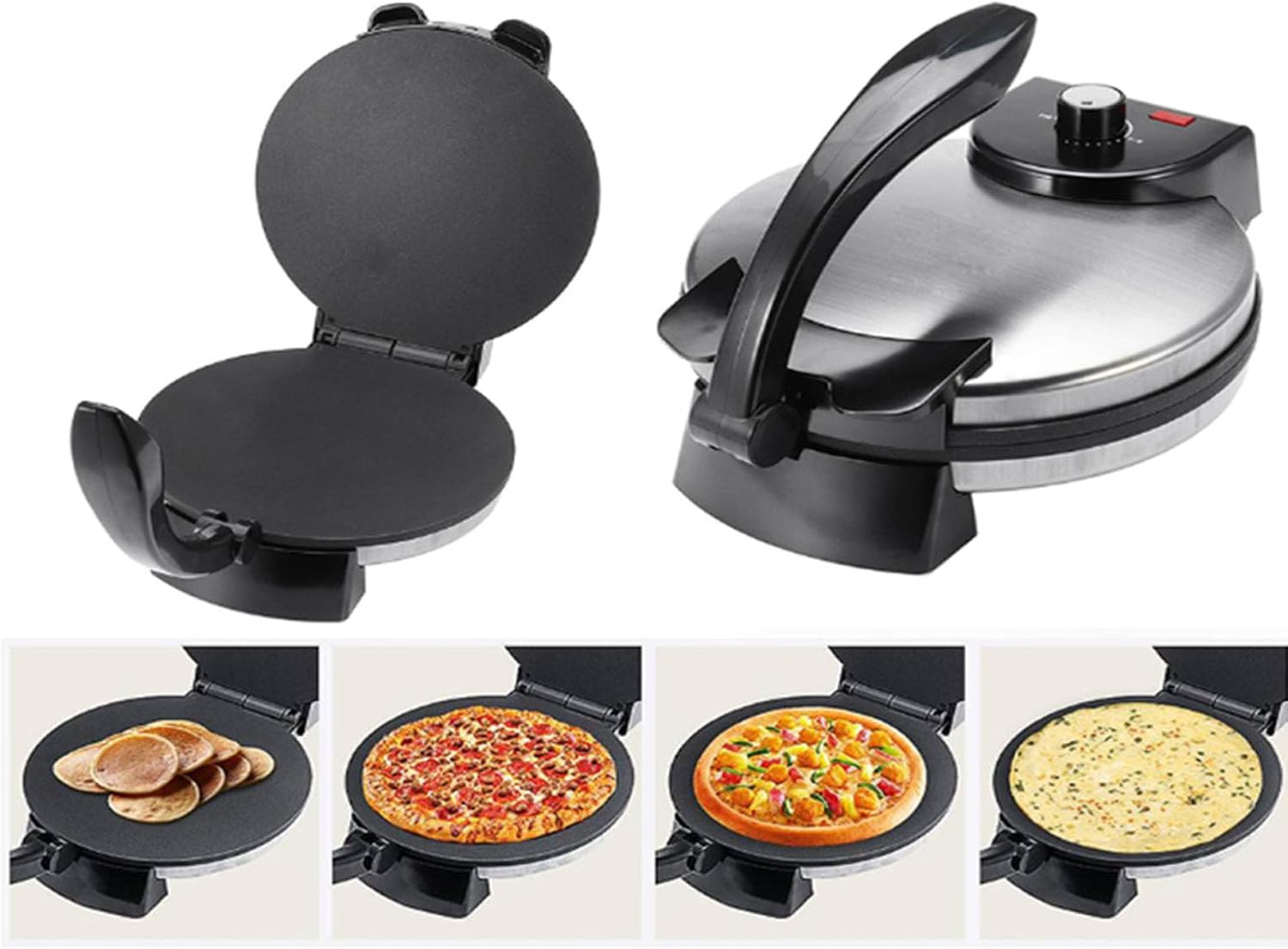 Tortilla Press 10 inch, Electric Tortilla Maker Knob Temperature Control Anti Stick Roti Maker Machine with Stainless Steel Cover