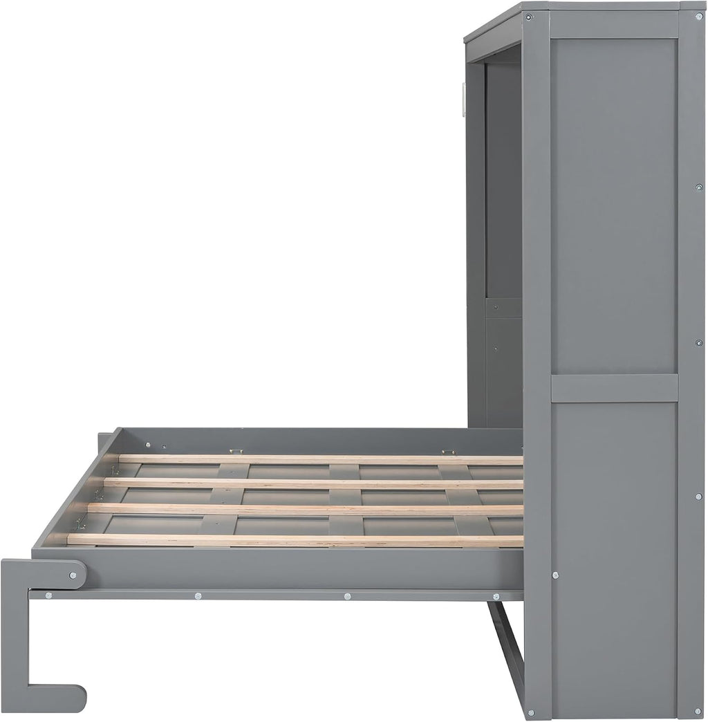 Merax Modern Farmhouse Solid Wood Murphy Cabinet Bed, Queen Foldable Wall Bed Frame, No Box Spring Needed/Space Saving, Gray