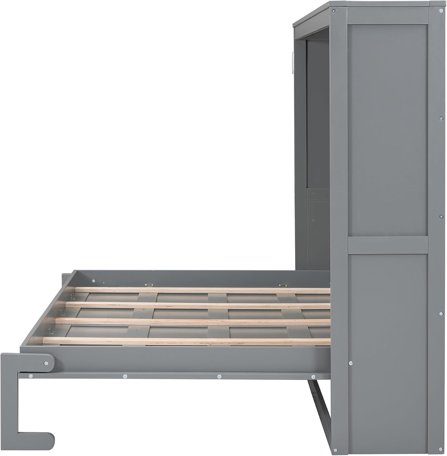 Merax Modern Farmhouse Solid Wood Murphy Cabinet Bed, Queen Foldable Wall Bed Frame, No Box Spring Needed/Space Saving, Gray