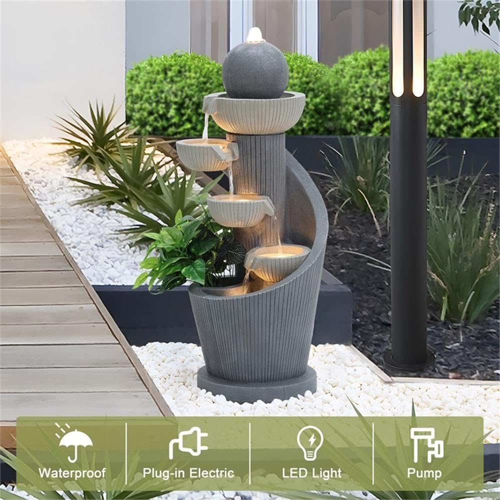 LuxenHome Outdoor Water Fountain, 29 Inch Resin Cascading Water Fountains Indoor with LED Lights, Modern Garden Decor, Small Waterfall Fountain, Outdoor Fountains and Waterfalls