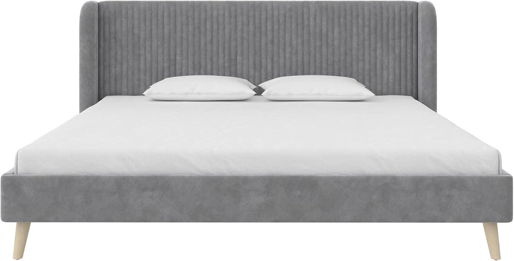 Novogratz Holly Upholstered Wingback Bed Frame, King, Light Gray Velvet