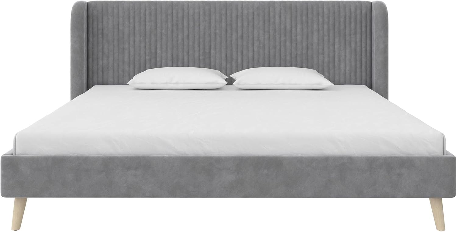 Novogratz Holly Upholstered Wingback Bed Frame, King, Light Gray Velvet