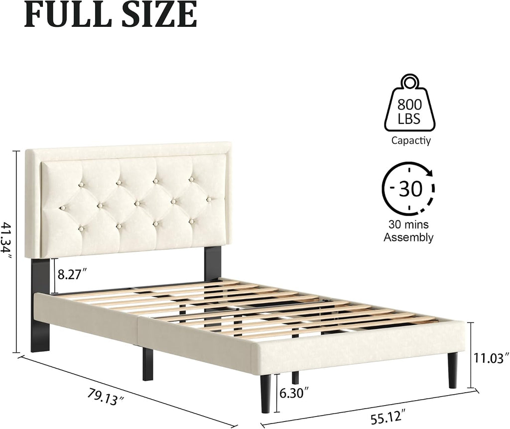 CXVX Full Size Platform Bed Frame with Upholstered Velvet Button Tufted Headboard, Mattress Foundation with Wooden Slat Support, No Box Spring Needed, Easy Assembly, Noise Free, Beige
