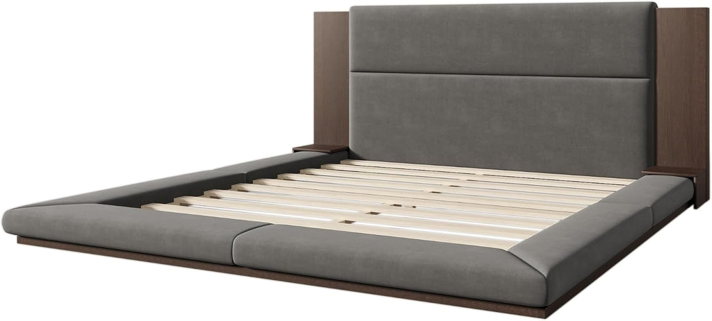 King Size Floor Upholstered Platform Bed with Extended Wood Headboard and Side Storage Shelves, Modern Velvet Platform Bed Frame with Slats Support, No Box Spring Required, Noise-Free