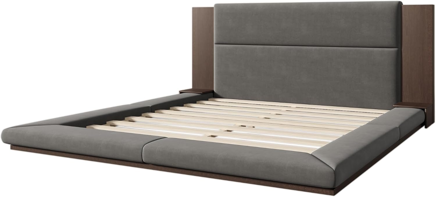 King Size Floor Upholstered Platform Bed with Extended Wood Headboard and Side Storage Shelves, Modern Velvet Platform Bed Frame with Slats Support, No Box Spring Required, Noise-Free