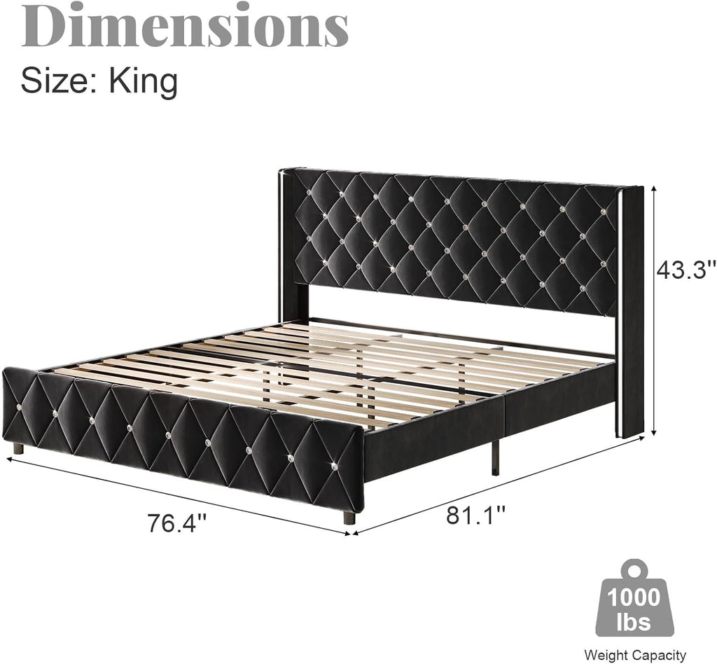 HOMBCK King Size Bed Frame Black, Velvet Upholstered Bed Frame King with Diamonds Tufted Headboard and Footboard, Wooden Slats Support, No Box Spring Needed, Easy Assembly, Black