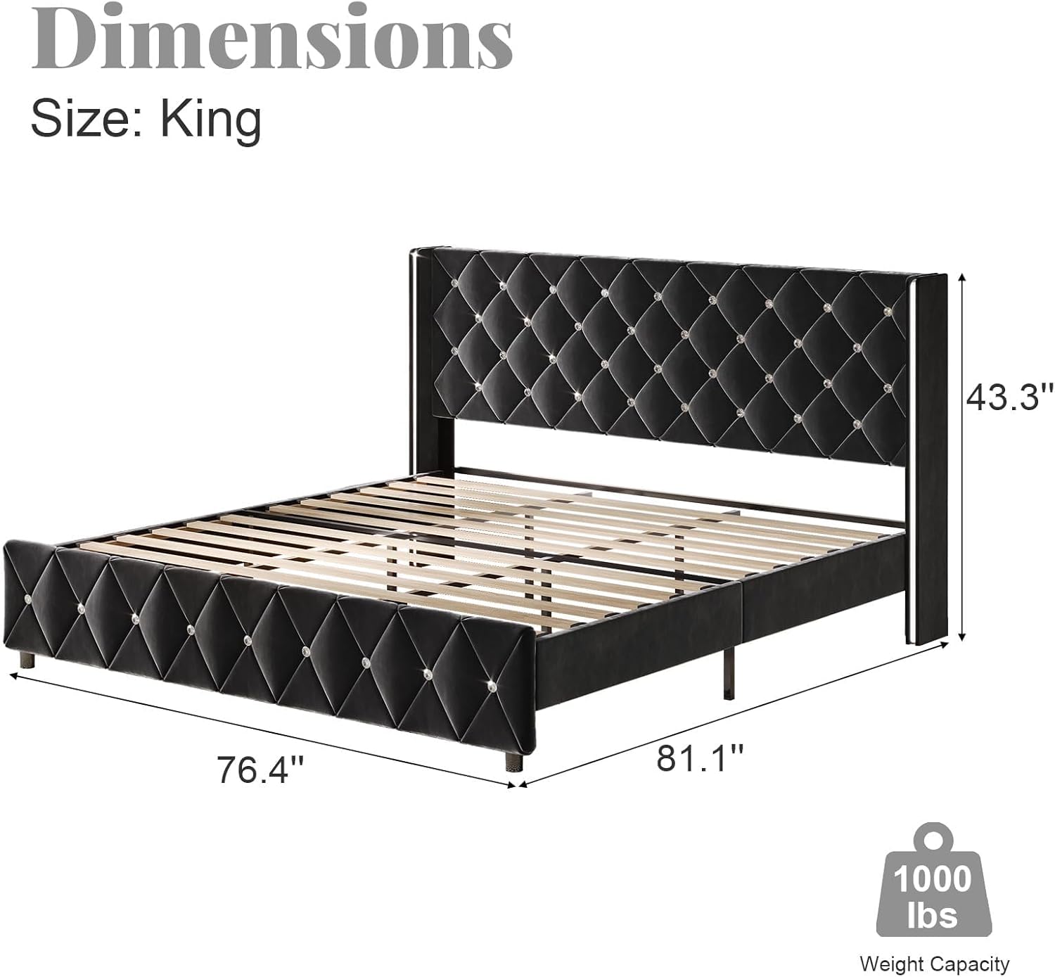 HOMBCK King Size Bed Frame Black, Velvet Upholstered Bed Frame King with Diamonds Tufted Headboard and Footboard, Wooden Slats Support, No Box Spring Needed, Easy Assembly, Black