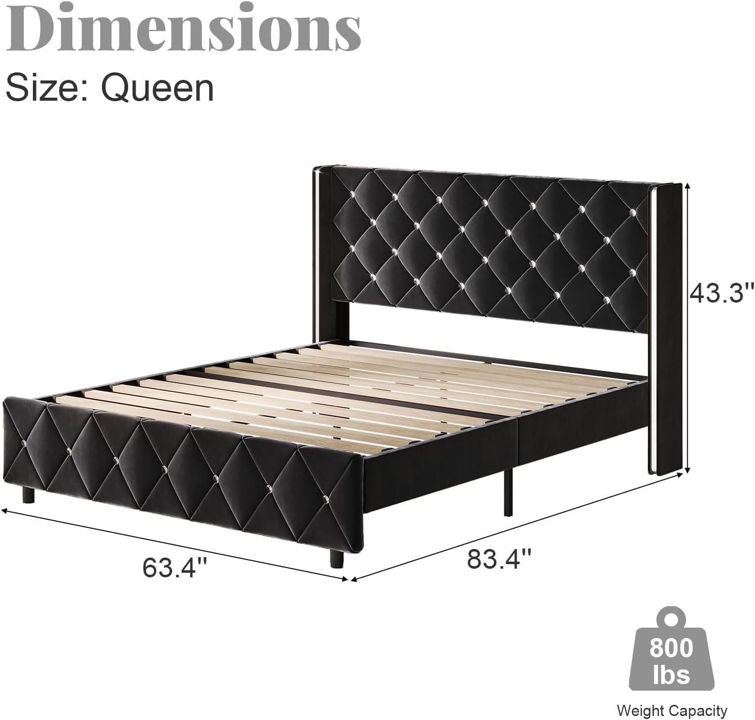 HOMBCK Queen Bed Frame with Headboard, Velvet Upholstered Bed with Wingback and Diamond Tufted Design, Wood Slat Support, No Box Spring Needed, Black