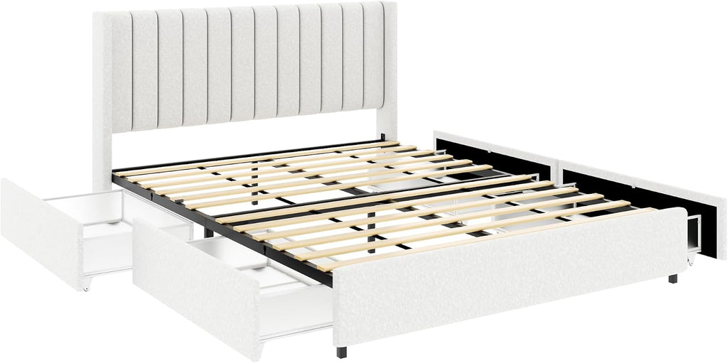 Queen Size Storage Bed Frame with 4 Drawers, Ivory Boucle Upholstered Platform Bed, Vertical Channel Tufted Headboard, Metal Frame Support, No Box Spring Needed | Dust-Proof Storage, High-Capacity Metal, Keyhole Pin Latch, Quick-Setup Tooling