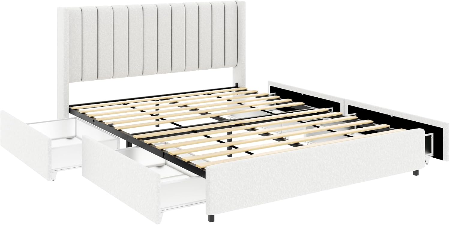 Queen Size Storage Bed Frame with 4 Drawers, Ivory Boucle Upholstered Platform Bed, Vertical Channel Tufted Headboard, Metal Frame Support, No Box Spring Needed | Dust-Proof Storage, High-Capacity Metal, Keyhole Pin Latch, Quick-Setup Tooling